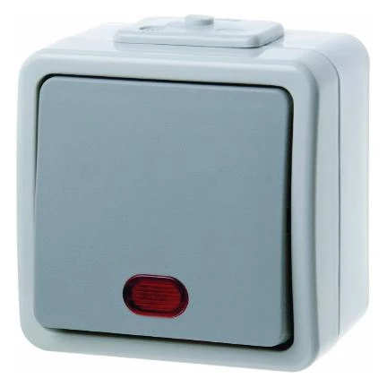  артикул 507105 название Berker Одноклавишная кнопка с красной линзой цвет: светло-серый/серый Aquatec IP44