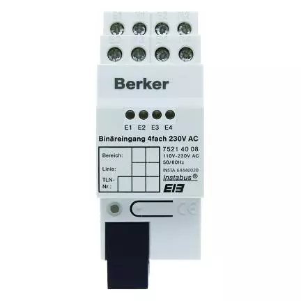  артикул 75214008 название Berker Бинарный вход, 4-канальный, 230 В ~, REG цвет: светло-серый instabus KNX/EIB